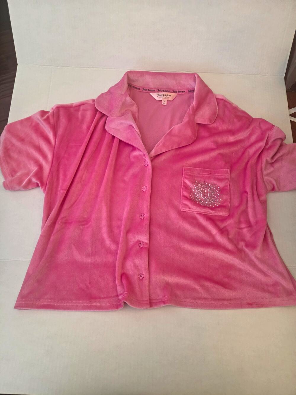 Juicy Couture Women's Pink Velour Rhinestone Logo Polo Short Sleeve L Pockets